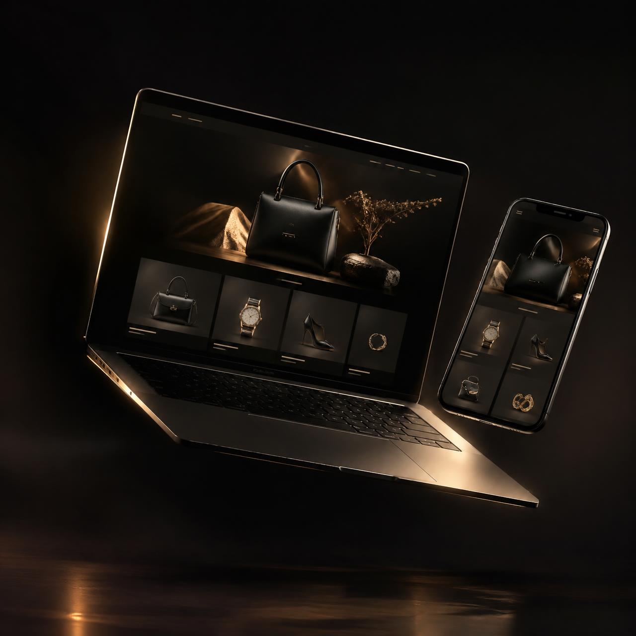 Laptop and phone displaying an elegant dark online storefront